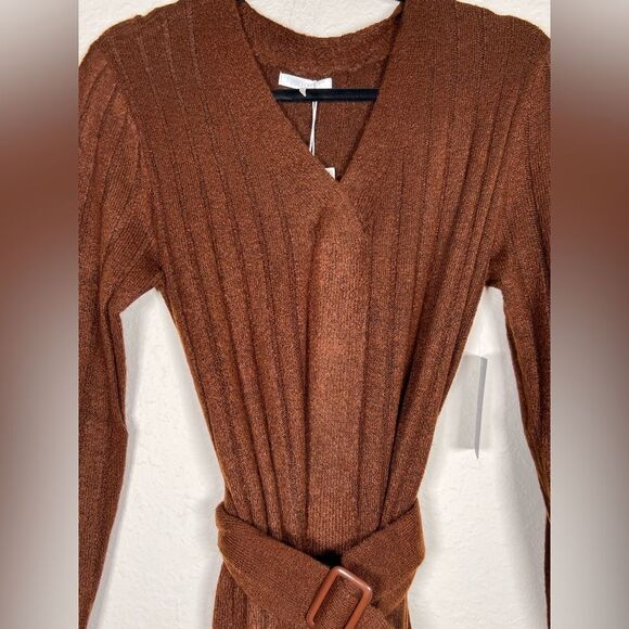 Stitch Drop Brown Ribbed Knit Sweater Dress with Belt 🔥 midi 🔥 NWT 🔥 XS - Picture 1 of 9